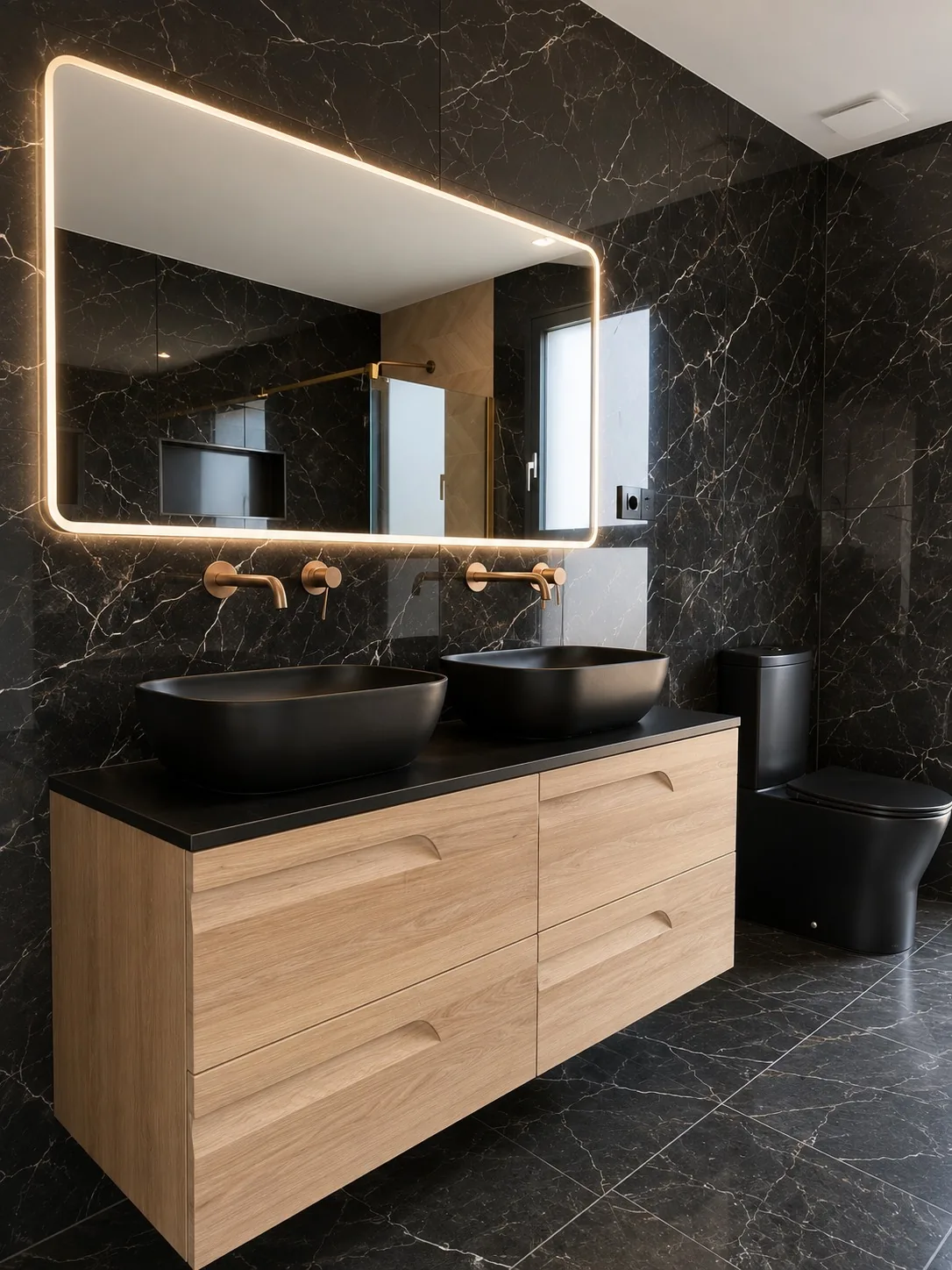 Baño vestido en mármol negro con doble lavabo y grifería dorada